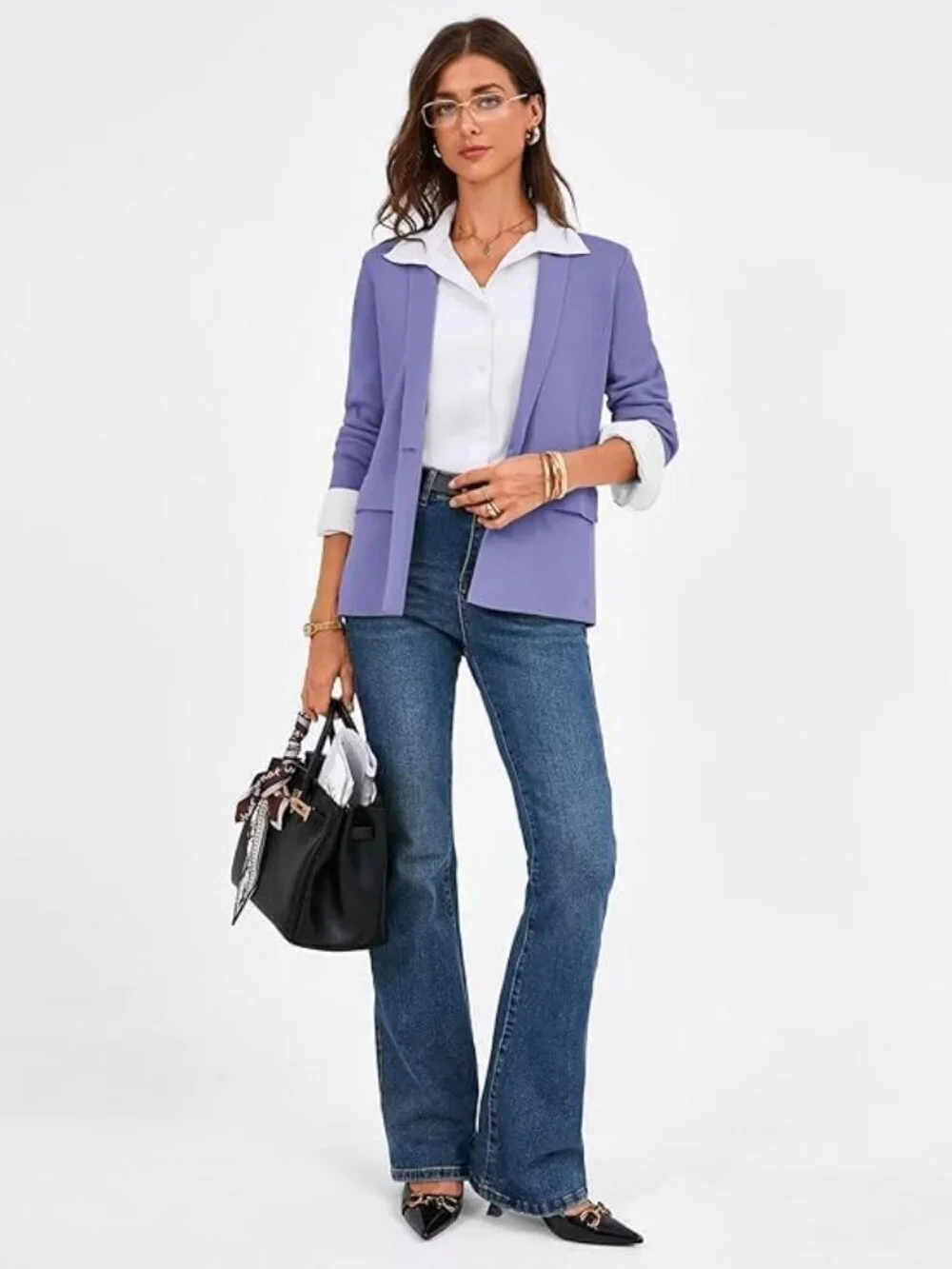 Women's Purple Cardigan Sweater Blazers Business Casual Long Sleeve Open Front - Picture 2 of 5